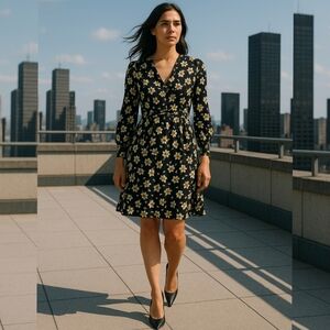 by Timo x Barneys Floral Long Sleeve Knee Length Dress Black Golden White sz XS